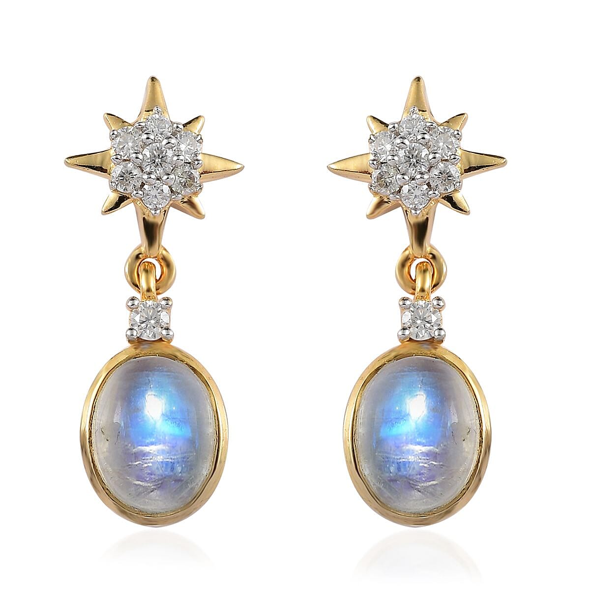 Premium Rainbow Moonstone and Moissanite Celestial Star Drop Statement Earrings in Vermeil Yellow Gold Over Sterling Silver 3.40 ctw