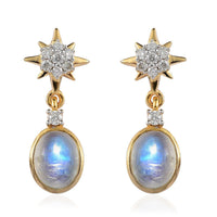Premium Rainbow Moonstone and Moissanite Celestial Star Drop Statement Earrings in Vermeil Yellow Gold Over Sterling Silver 3.40 ctw