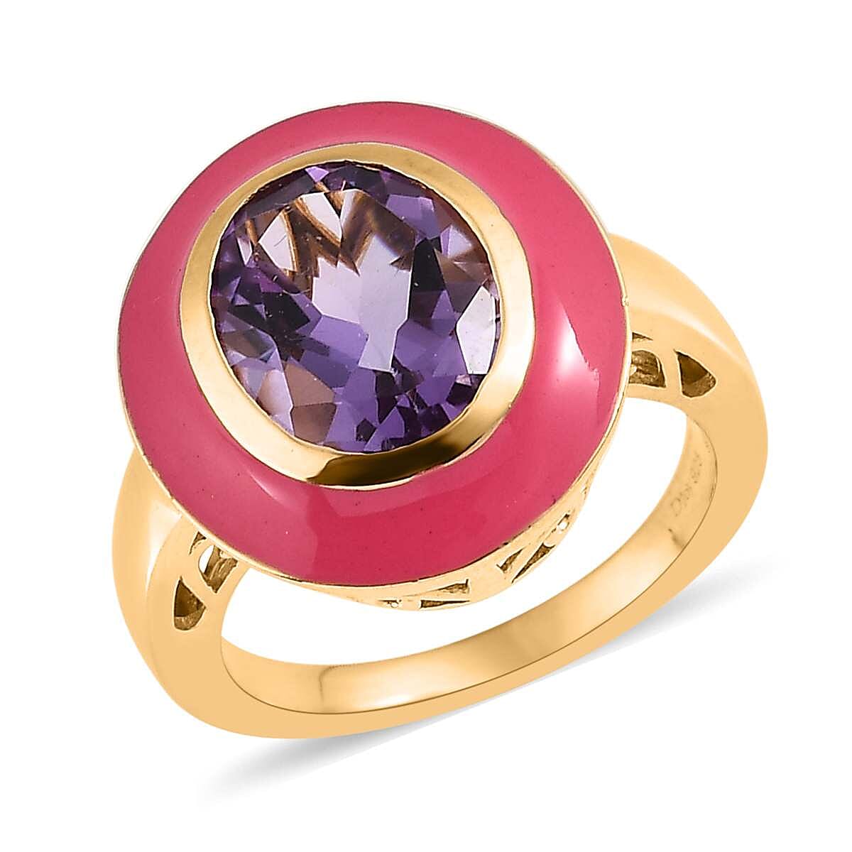 Doorbuster Rose De France Amethyst Solitaire Pink Enameled Ring in Vermeil Yellow Gold Over Sterling Silver 3.25 ctw