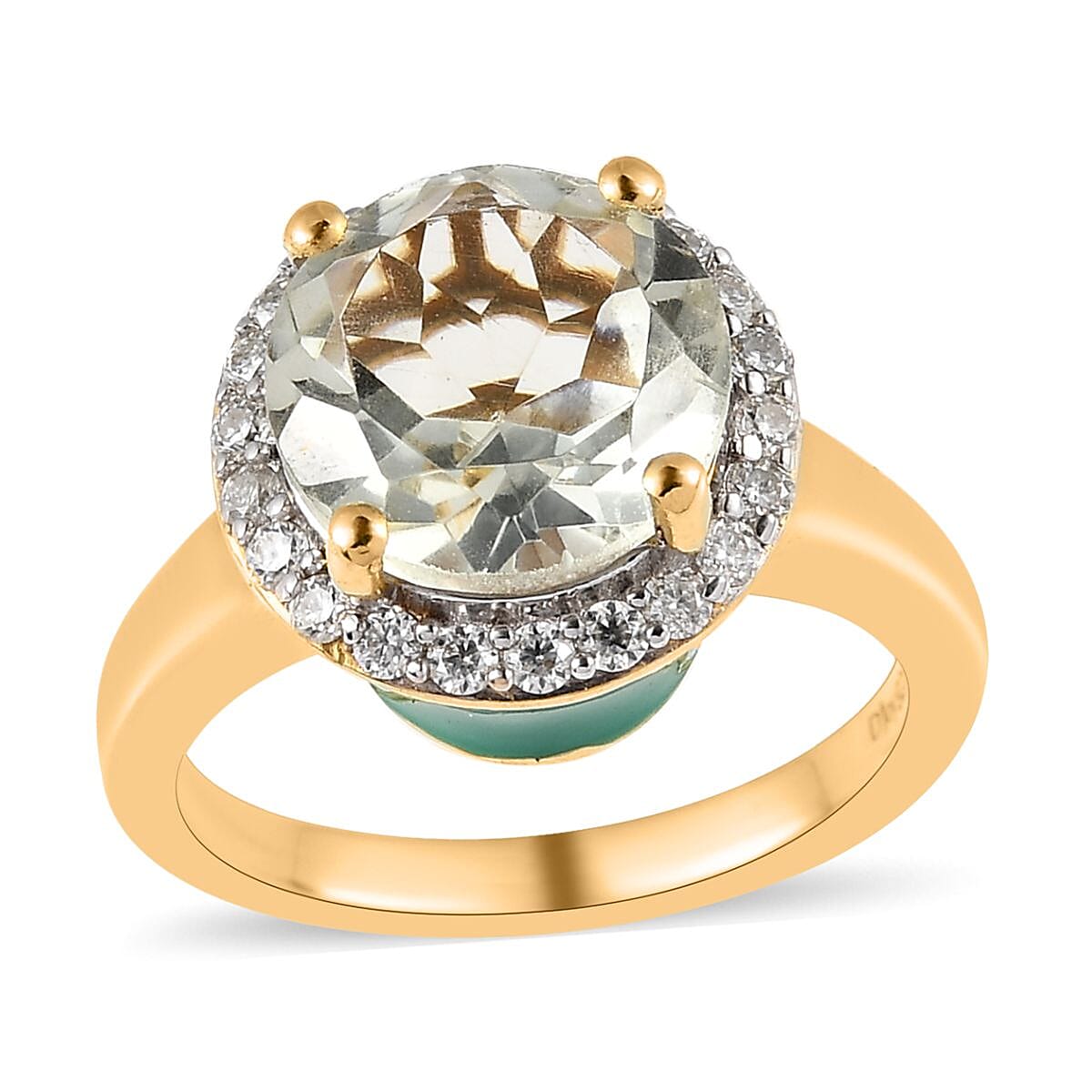 Montezuma Prasiolite and Moissanite Halo Ring in Vermeil Yellow Gold Over Sterling Silver 3.75 ctw