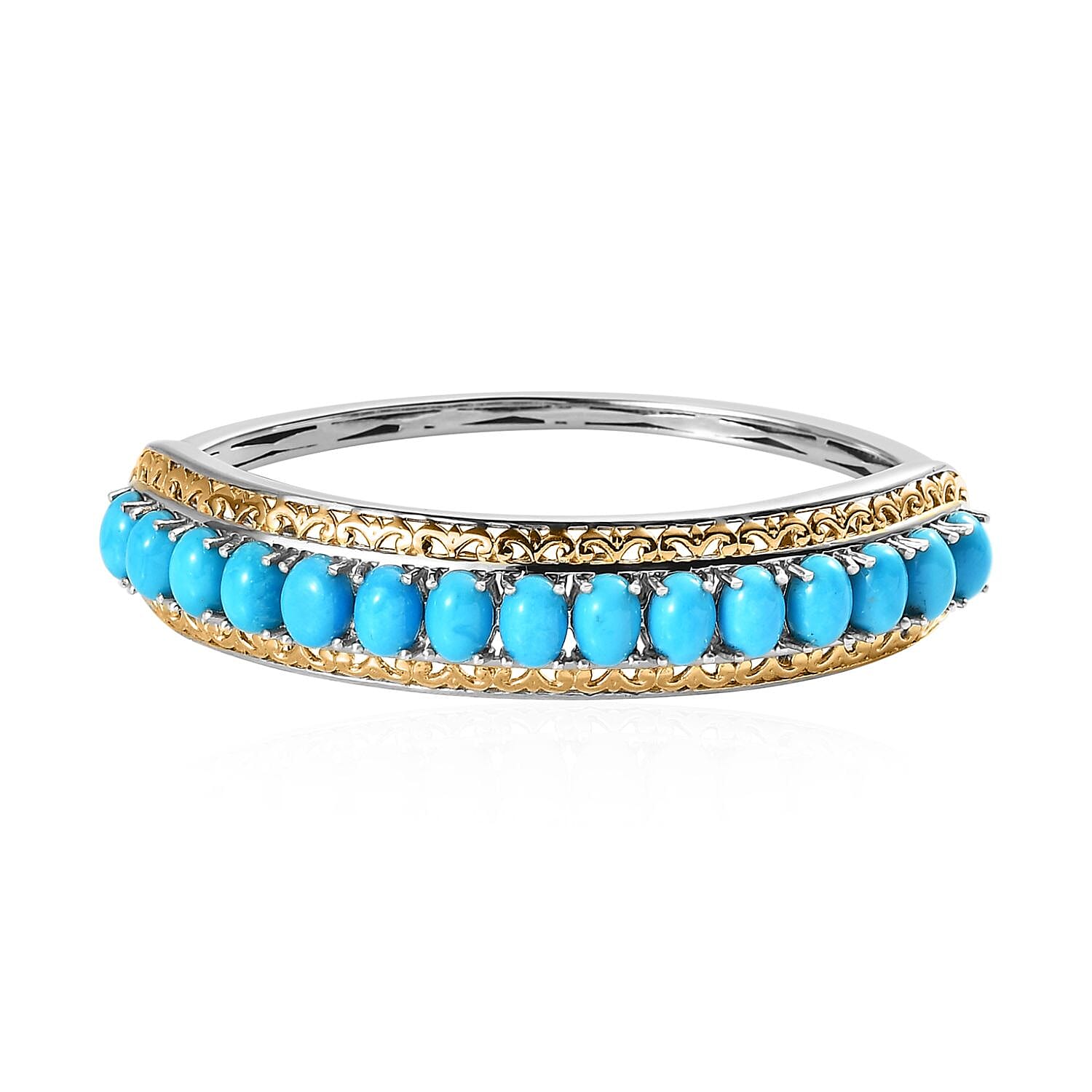 Premium Sleeping Beauty Turquoise Bangle Bracelet in Vermeil Yellow Gold and Platinum Over Sterling Silver (7.25 In) 10.75 ctw (Del. in 3-5 Days)