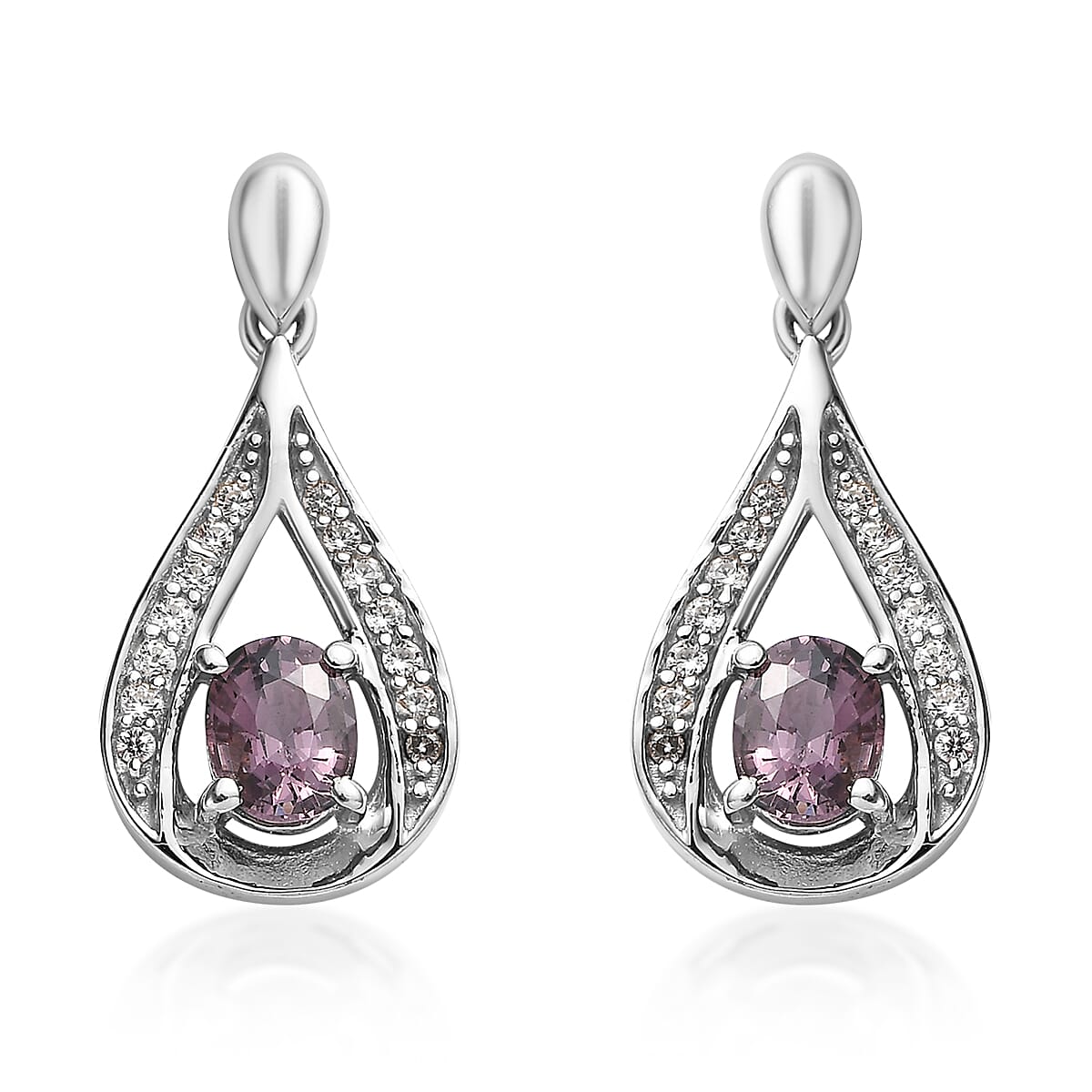 D'Joy Tanzanian Lavender Spinel and White Zircon Dangling Earrings in Platinum Over Sterling Silver 1.40 ctw