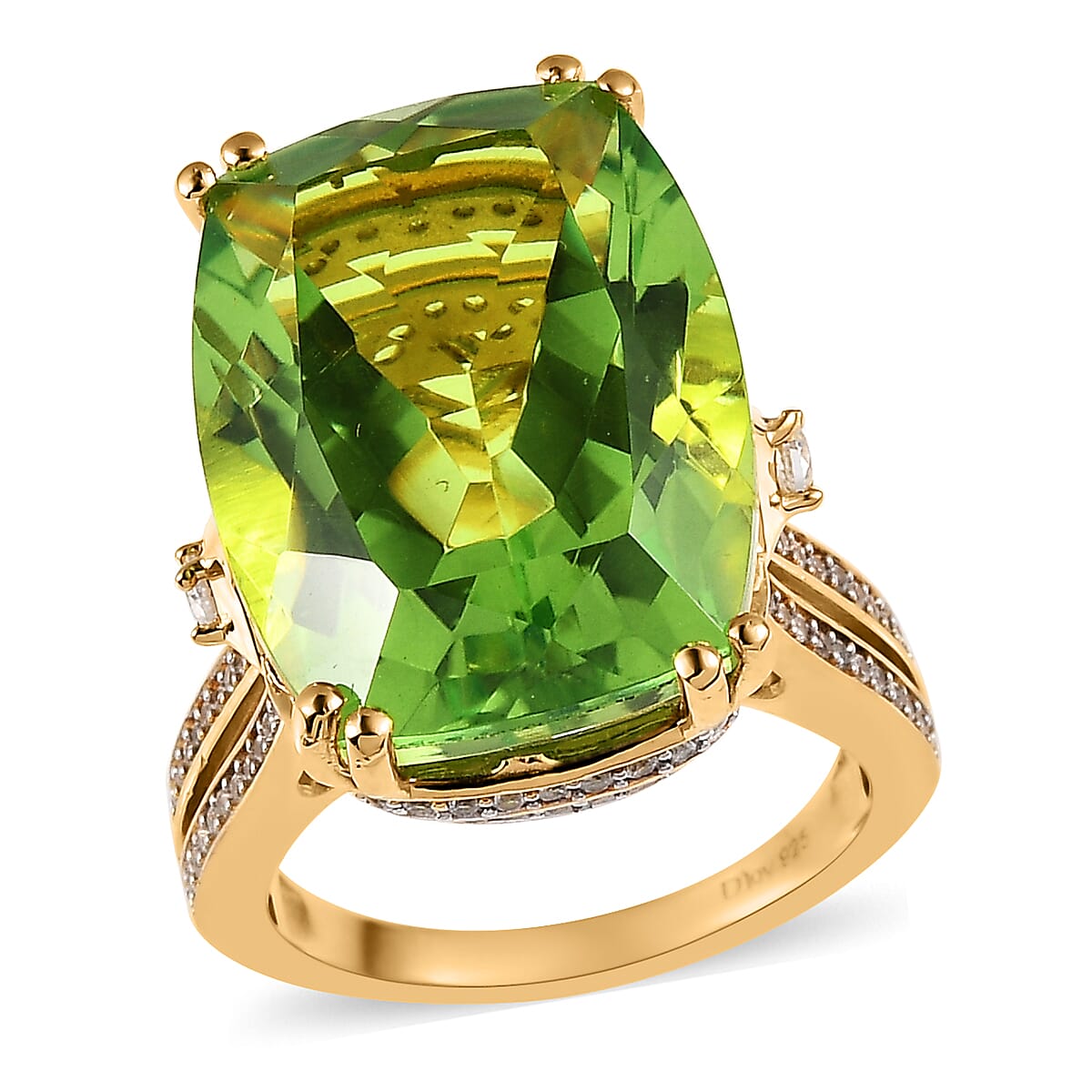 Chartreuse Quartz (Triplet) and White Zircon Ring in Vermeil Yellow Gold Over Sterling Silver 22.35 ctw (Del. in 7-10 Days)