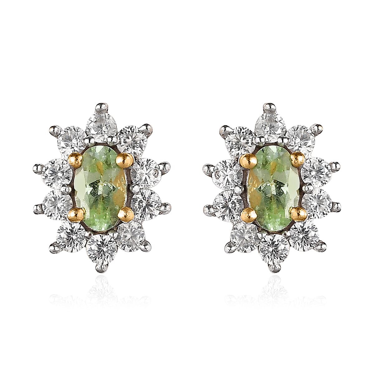 Premium Tsavorite Garnet and White Zircon Floral Stud Earrings in Vermeil Yellow Gold Over Sterling Silver 1.25 ctw