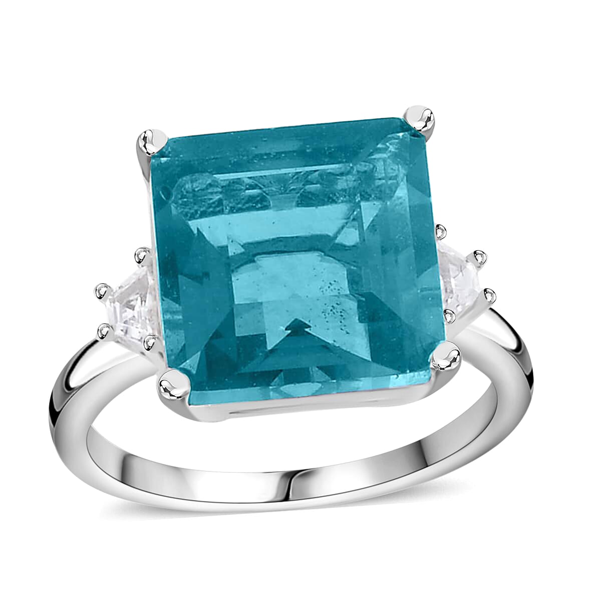Asscher Cut Teal Fluorite and White Topaz Ring in Sterling Silver (Size 10.0) 10.20 ctw