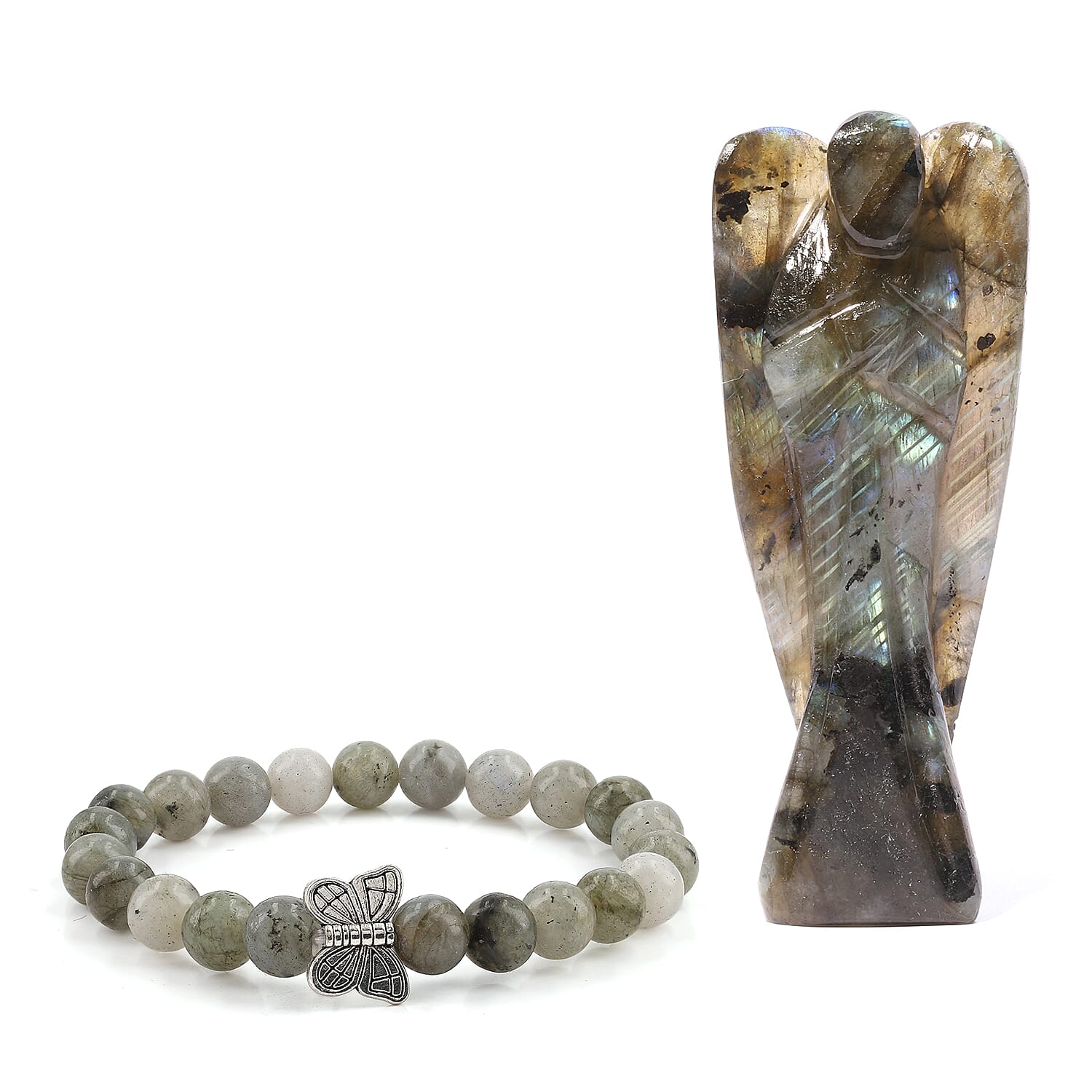 Hand Carved Amethyst Guardian Angel with Matching Beaded Stretch Bracelet