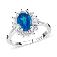 Malgache Neon Apatite and White Zircon Halo Ring in Platinum Over Sterling Silver 1.75 ctw