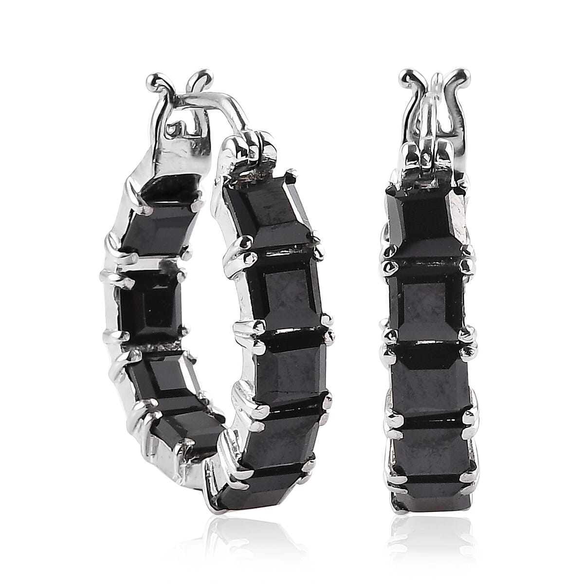 Thai Black Spinel Inside Out Hoop Earrings in Stainless Steel 6.10 ctw