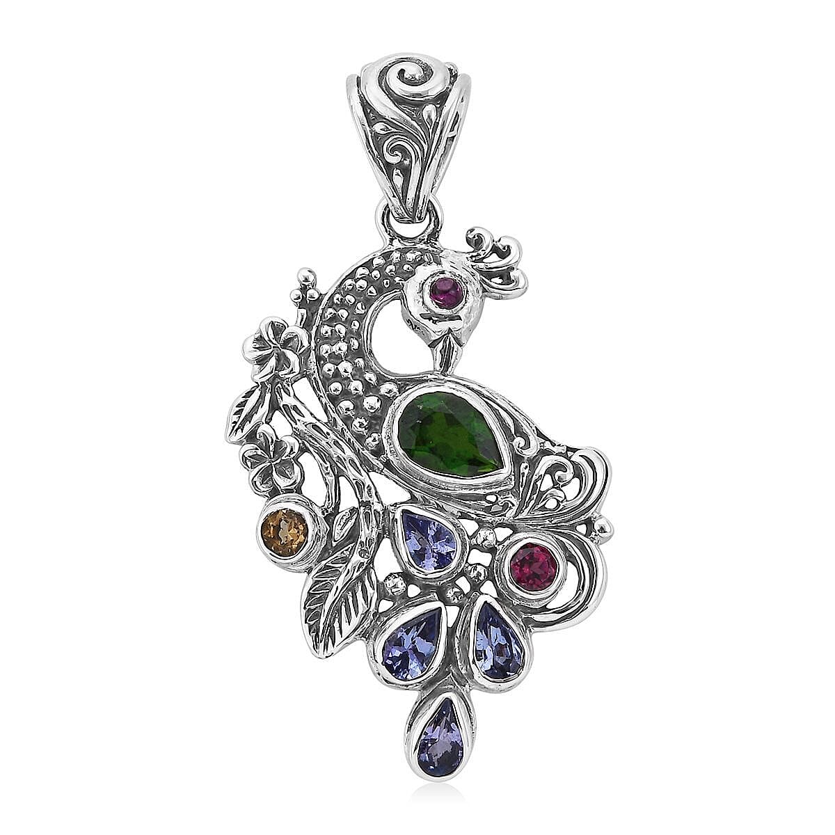 Bali Legacy Chrome Diopside and Multi Gemstone Peacock Pendant in Sterling Silver 1.85 ctw