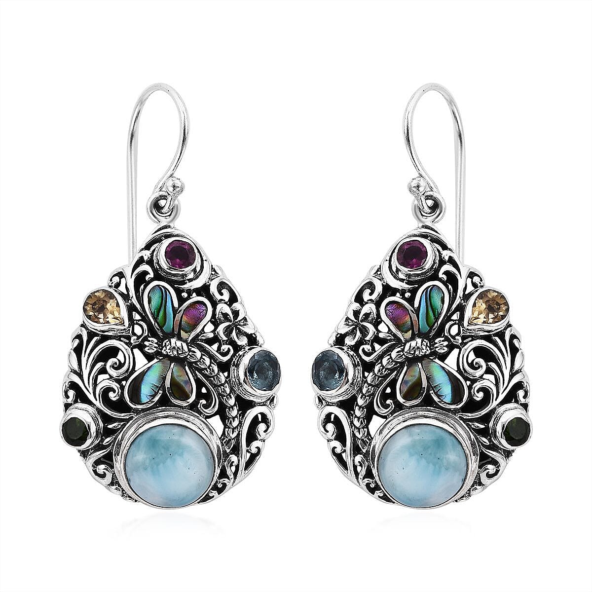 Bali Legacy Larimar and Multi Gemstone Earrings in Sterling Silver 5.60 ctw