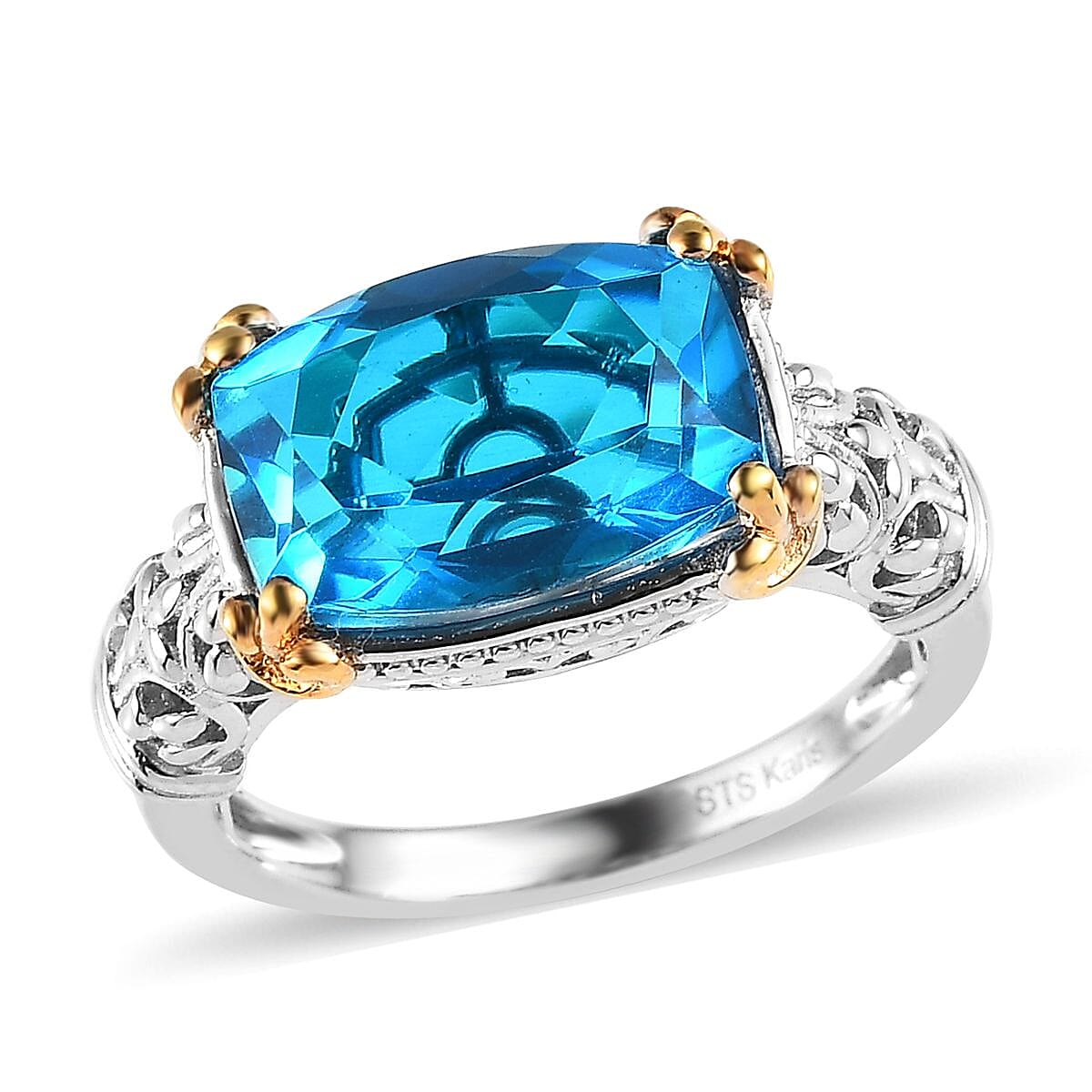 Karis Caribbean Quartz (Triplet) Solitaire Ring in 18K Yellow Gold Plated and Platinum Bond 6.85 ctw