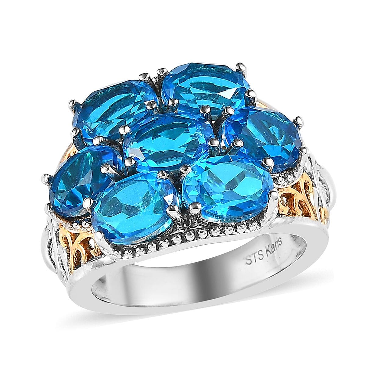 Karis Caribbean Quartz (Triplet) Floral Ring in 18K YG Plated and Platinum Bond 7.00 ctw (Del. in 7-10 Days)