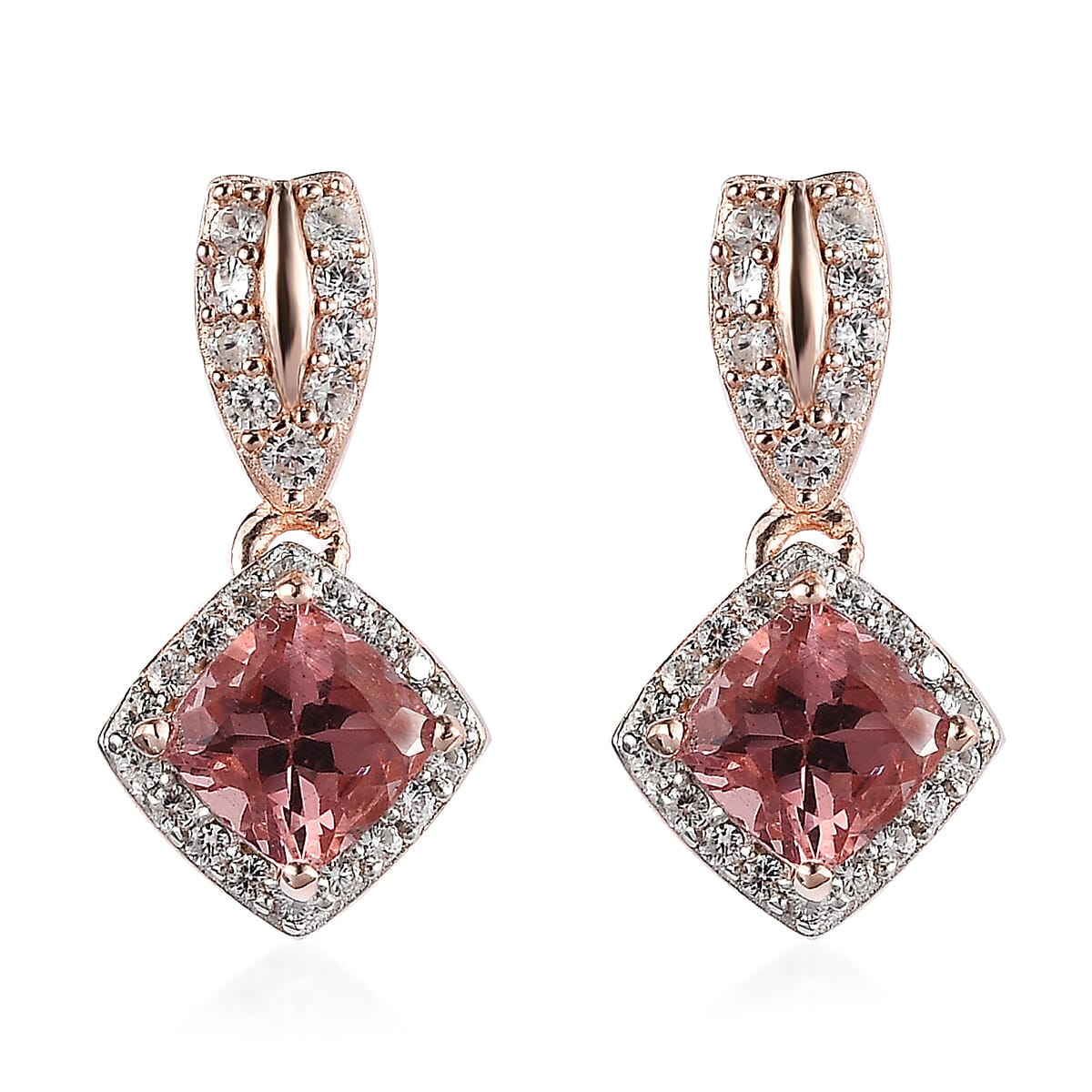 Red Rose Apatite and White Zircon Earrings in Vermeil Rose Gold Over Sterling Silver 2.00 ctw