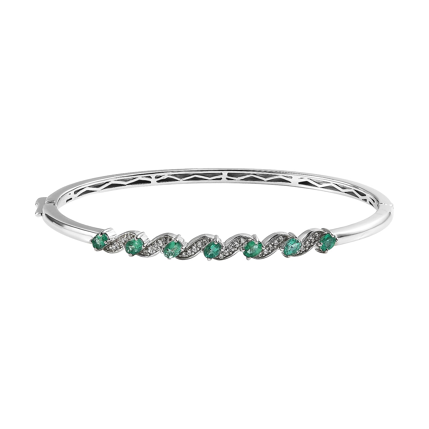 AAA Kagem Zambian Emerald and White Zircon Bangle Bracelet in Platinum Over Sterling Silver (7.25 in) 1.35 ctw