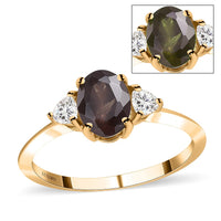 Luxoro 10K Yellow Gold Premium Bekily Color Change Garnet and Moissanite 3 Stone Ring 2.00 ctw