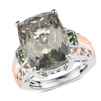 AAA Montezuma Prasiolite and Chrome Diopside Ring in Vermeil Rose Gold and Platinum Over Sterling Silver 10.40 ctw