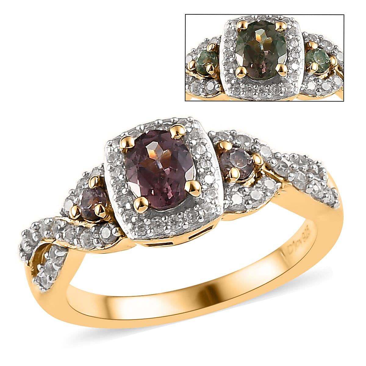 Bekily Color Change Garnet and White Zircon Ring in Vermeil Yellow Gold Over Sterling Silver 1.35 ctw
