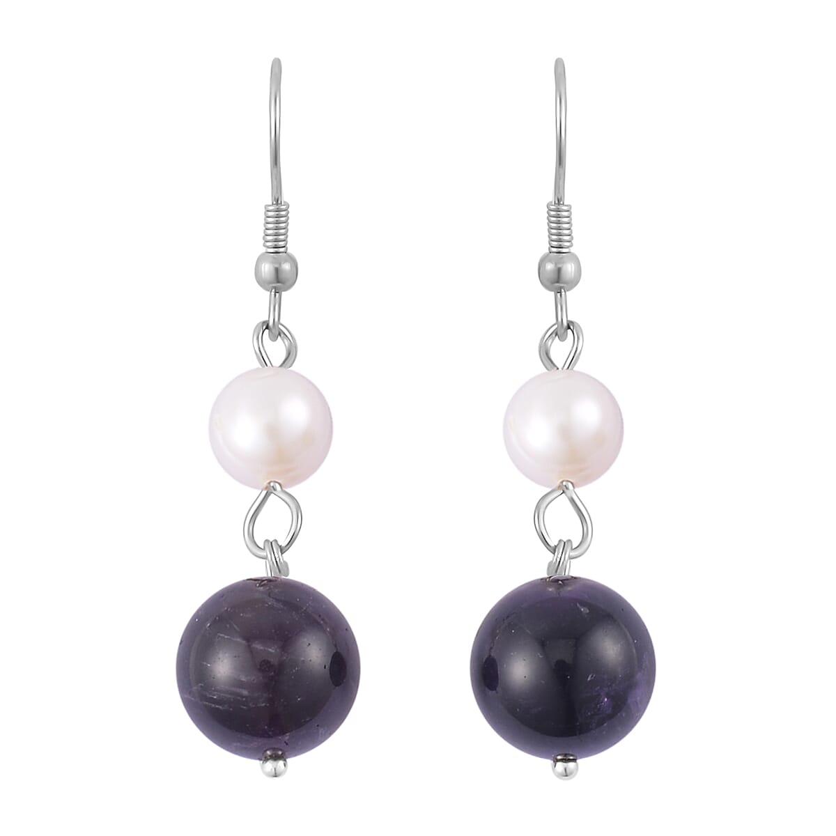 African Amethyst, White Freshwater Pearl Drop Earrings in Silvertone 25.00 ctw