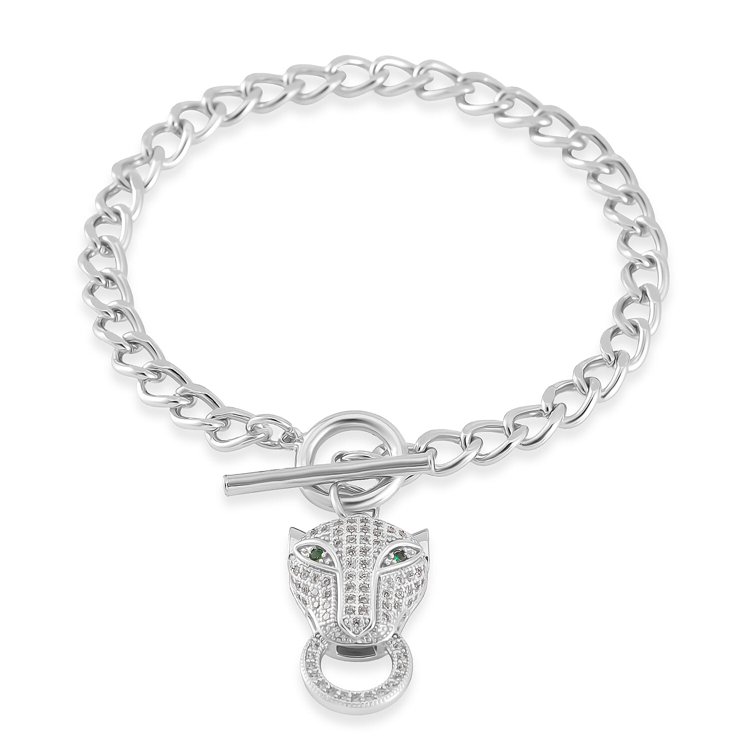 Green Glass and Simulated Diamond Wolf Head and Link Chain Bracelet in Silvertone (7.50 In) 1.00 ctw