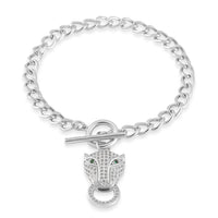 Green Glass and Simulated Diamond Wolf Head and Link Chain Bracelet in Silvertone (7.50 In) 1.00 ctw