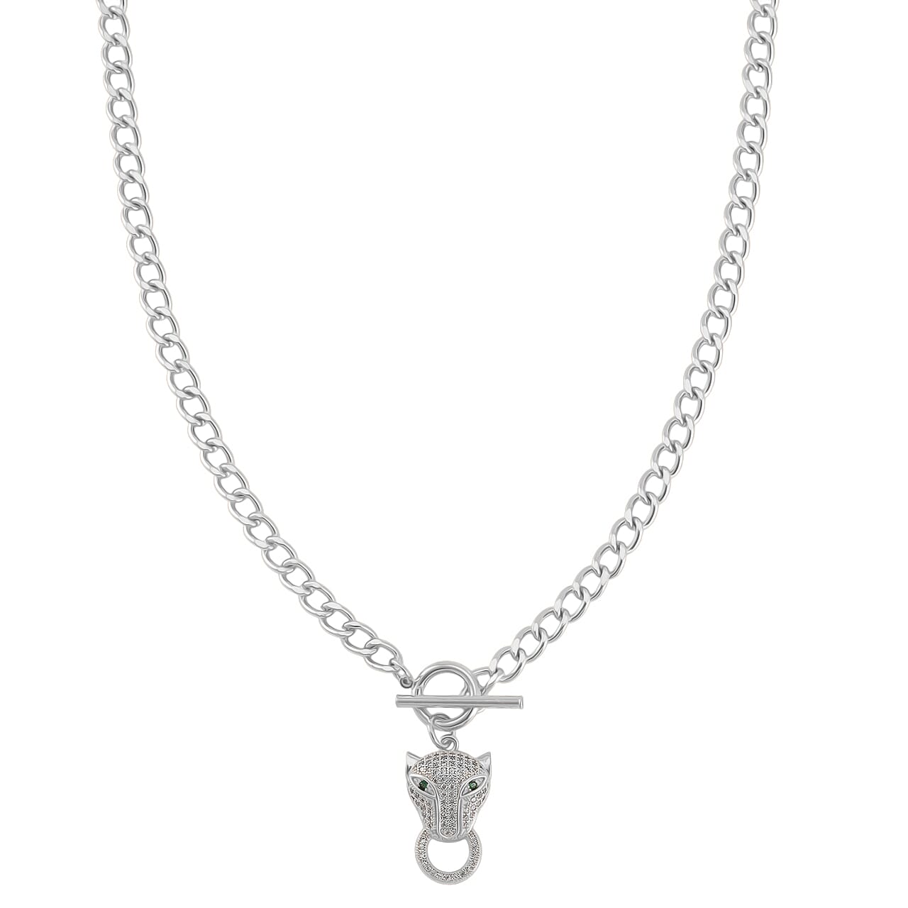 Green Glass and Simulated Champagne Diamond Wolf Head and Link Necklace 20 Inches in Goldtone 1.00 ctw