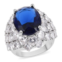 Simulated Sapphire and Simulated Diamond Dome Ring in Silvertone (Size 10.0) 1.60 ctw