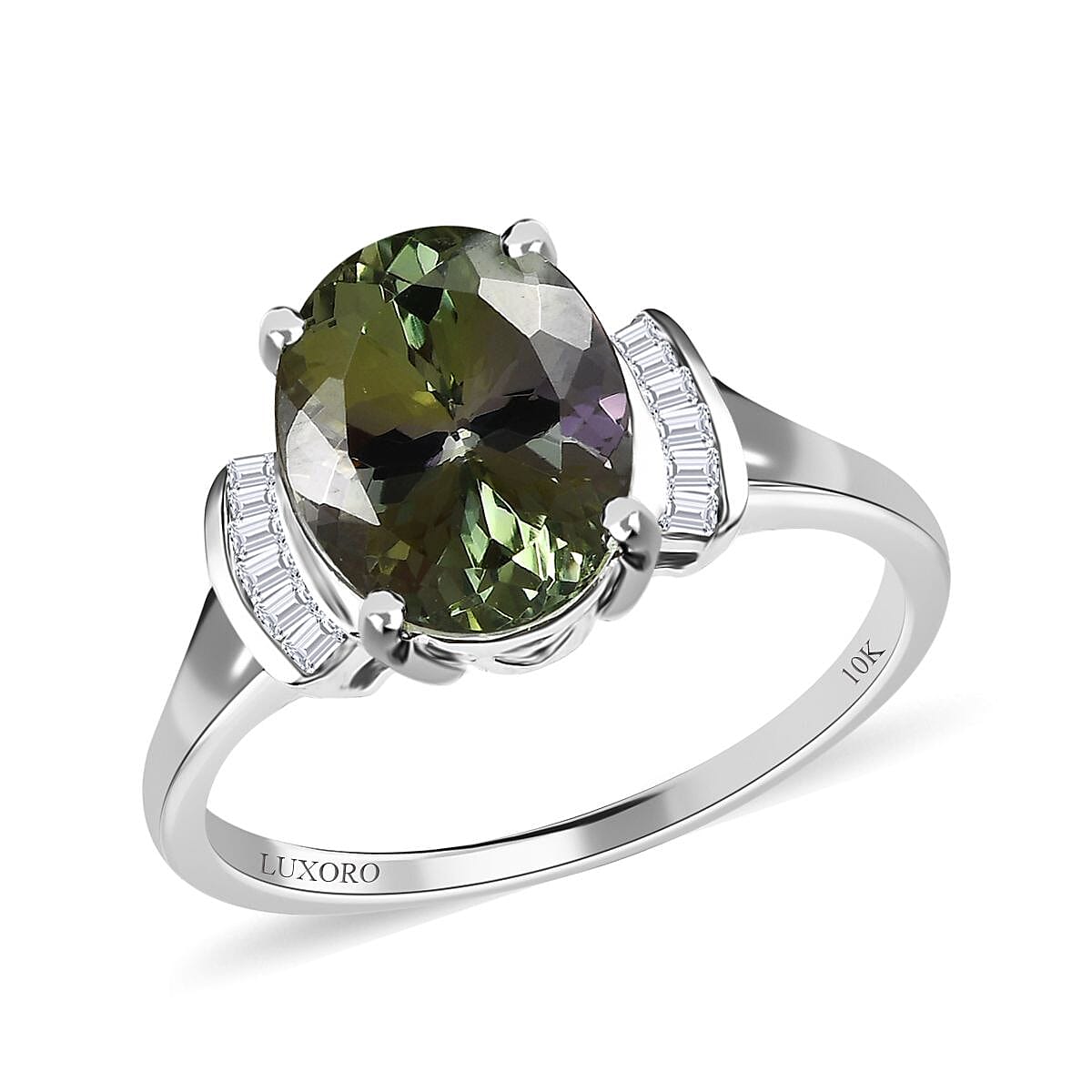 Luxoro 10K White Gold Premium Green Tanzanite and G-H I3 Diamond Ring 3.25 ctw (Del. in 5-7 Days)