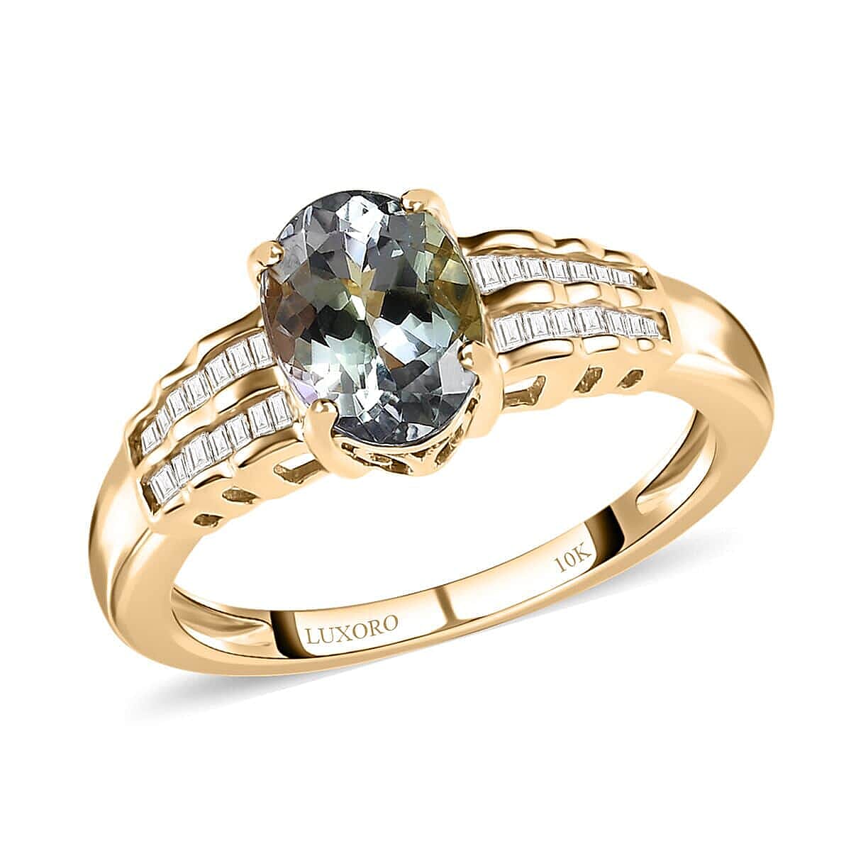 Luxoro 10K Yellow Gold Premium Green Tanzanite and G-H I3 Diamond Ring 1.90 ctw (Del. in 5-7 Days)