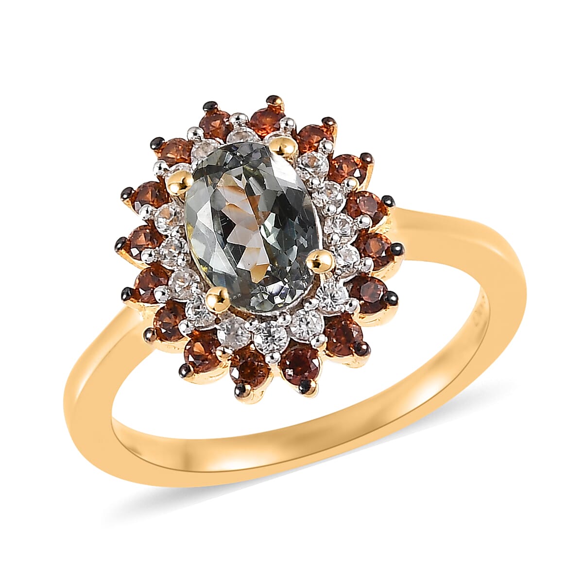 Green Tanzanite, Brown and White Zircon Sunburst Ring in Vermeil YG Over Sterling Silver (Size 10.0) 1.50 ctw