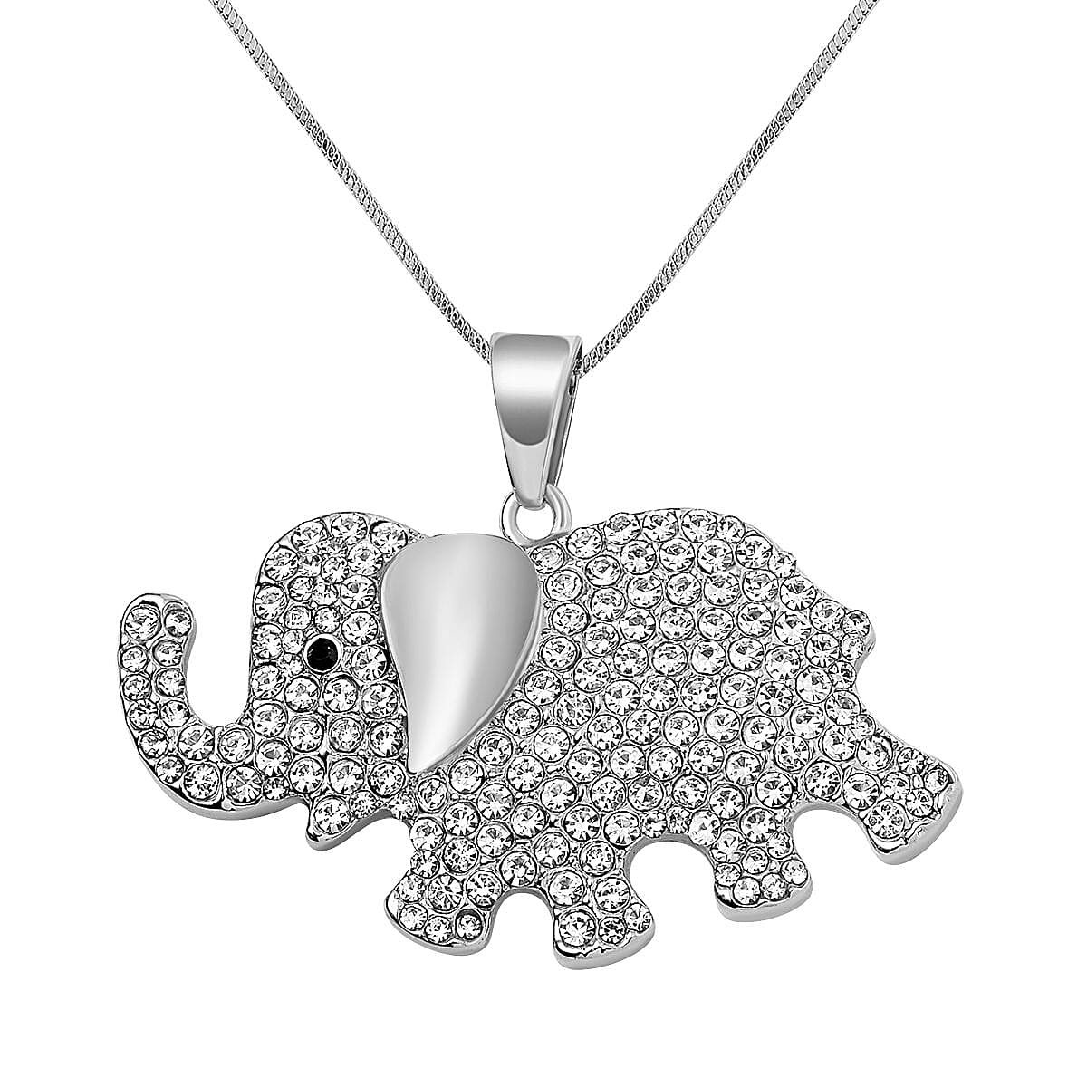 Black and White Austrian Crystal Elephant Necklace (28-30 Inches) in Silvertone