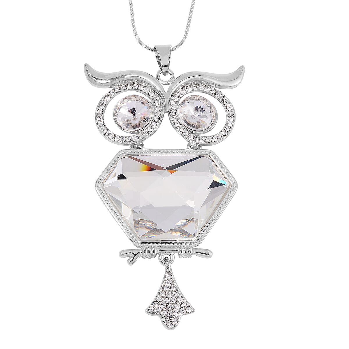 White Austrian Crystal Owl Necklace in Silvertone 28-30 Inches