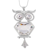 White Austrian Crystal Owl Necklace in Silvertone 28-30 Inches
