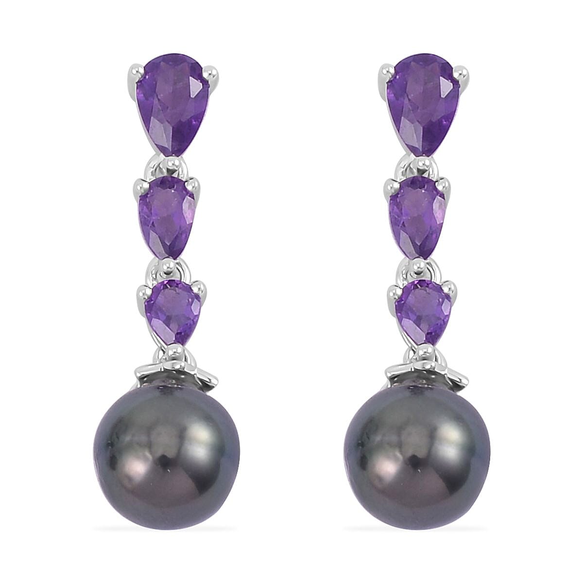 Tahitian Cultured Pearl and Amethyst Dangle Earrings in Rhodium Over Sterling Silver 1.40 ctw