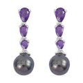 Tahitian Cultured Pearl and Amethyst Dangle Earrings in Rhodium Over Sterling Silver 1.40 ctw - Sticky add to cart bar