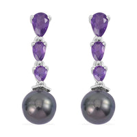 Tahitian Cultured Pearl and Amethyst Dangle Earrings in Rhodium Over Sterling Silver 1.40 ctw