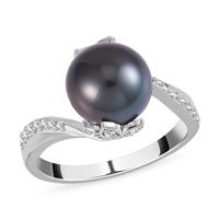 Tahitian Cultured Pearl 9-10mm and Moissanite Ring in Rhodium Over Sterling Silver 0.30 ctw
