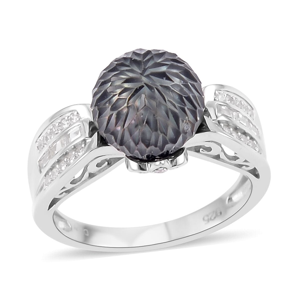 Tahitian Cultured Pearl 10-15mm and White Zircon Ring in Rhodium Over Sterling Silver 0.90 ctw