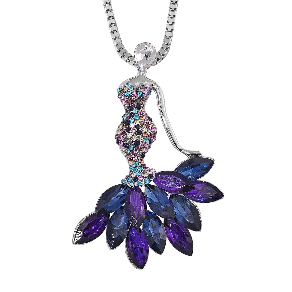 Blue Glass and Multi Color Austrian Crystal Fairy Pendant with Necklace in Silvertone 28 Inches