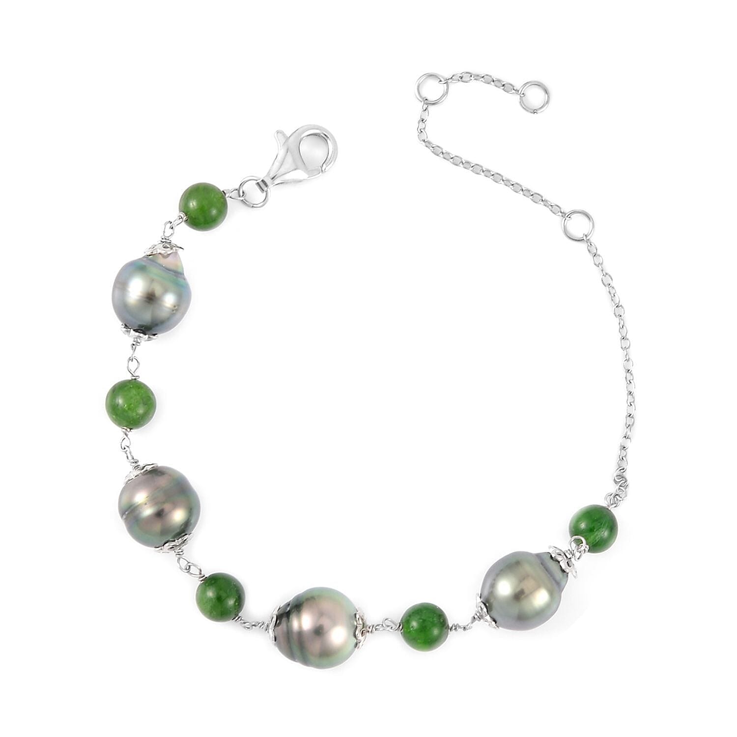 Tahitian Cultured Pearl and Chrome Diopside 7.80 ctw Bracelet in Rhodium Over Sterling Silver (6.50-8.0In)