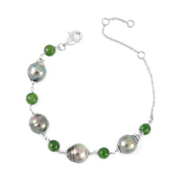 Tahitian Cultured Pearl and Chrome Diopside 7.80 ctw Bracelet in Rhodium Over Sterling Silver (6.50-8.0In)