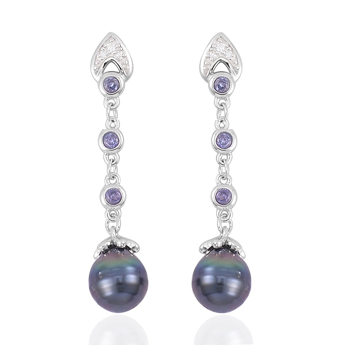Tahitian Cultured Pearl and Multi Gemstone Dangle Earrings in Rhodium Over Sterling Silver 0.30 ctw