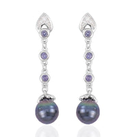 Tahitian Cultured Pearl and Multi Gemstone Dangle Earrings in Rhodium Over Sterling Silver 0.30 ctw