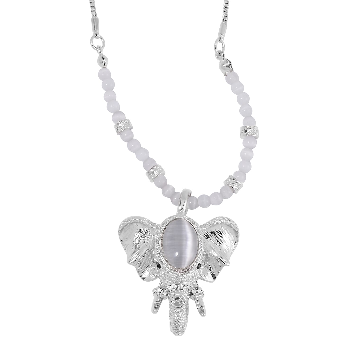 Lab Created White Cat's Eye and Austrian Crystal Elephant Pendant with Necklace in Silvertone 28-30 Inches