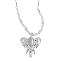 Lab Created White Cat's Eye and Austrian Crystal Elephant Pendant with Necklace in Silvertone 28-30 Inches