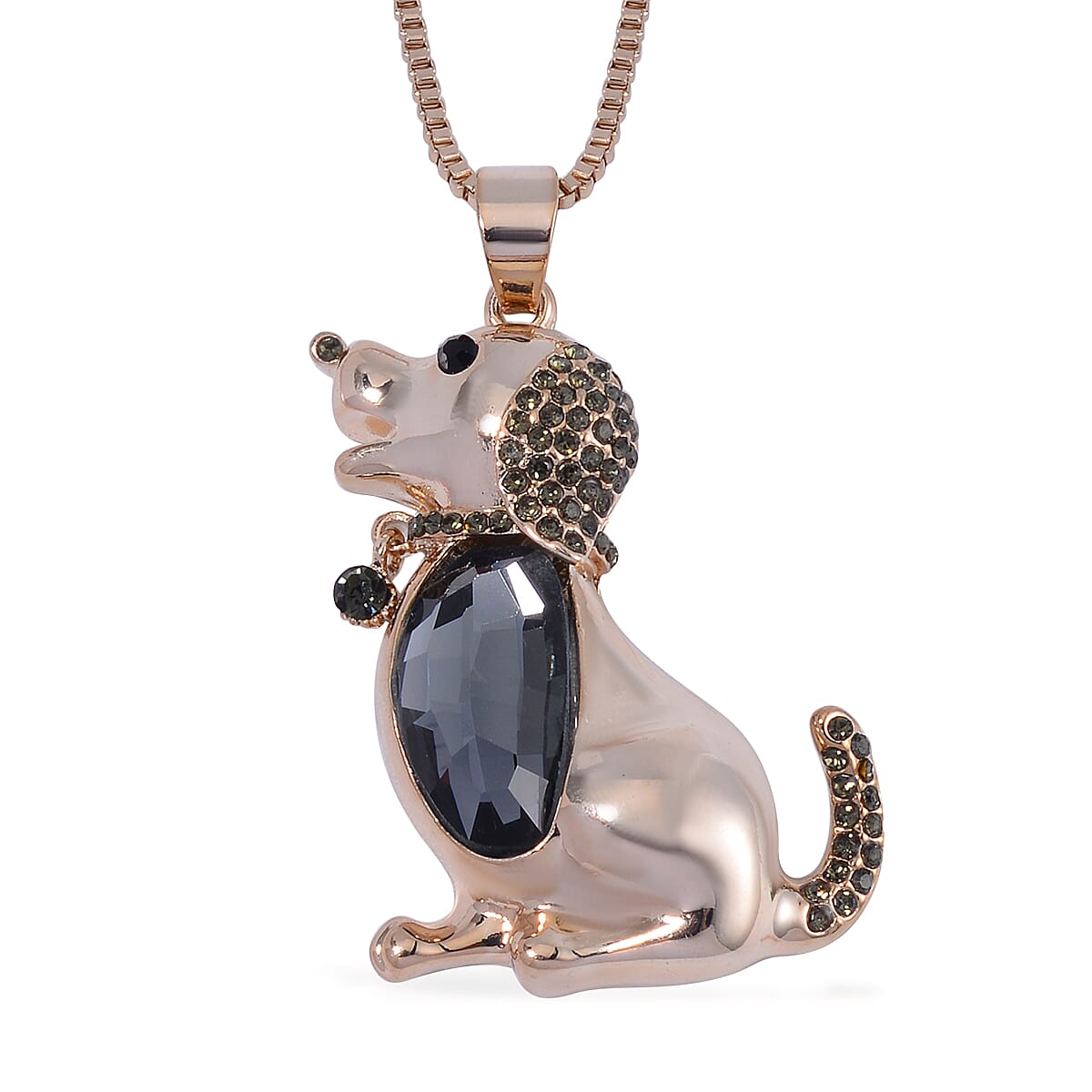 Silver Grey Color Glass, Black and Grey Austrian Crystal Dog Pendant Necklace (28-30 Inches) in Goldtone