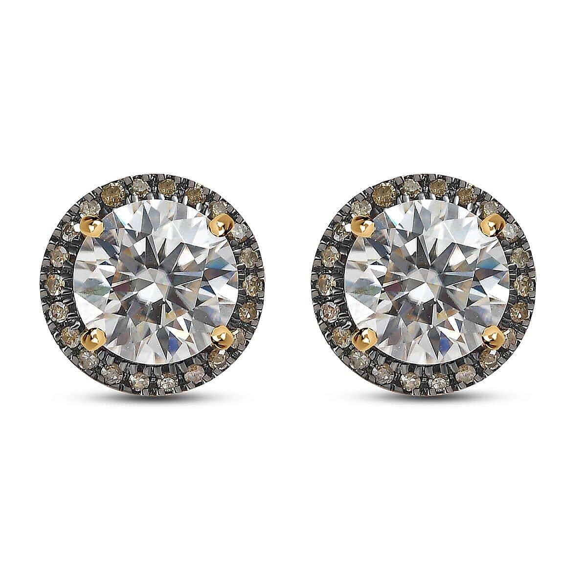 Luxoro 10K Yellow Gold Moissanite and Natural Champagne Diamond Double Halo Stud Earrings 2.60 ctw