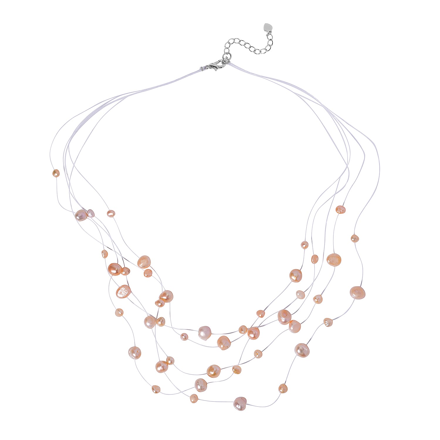 Peach Freshwater Pearl Station Necklace (18-20 Inches) in Silvertone