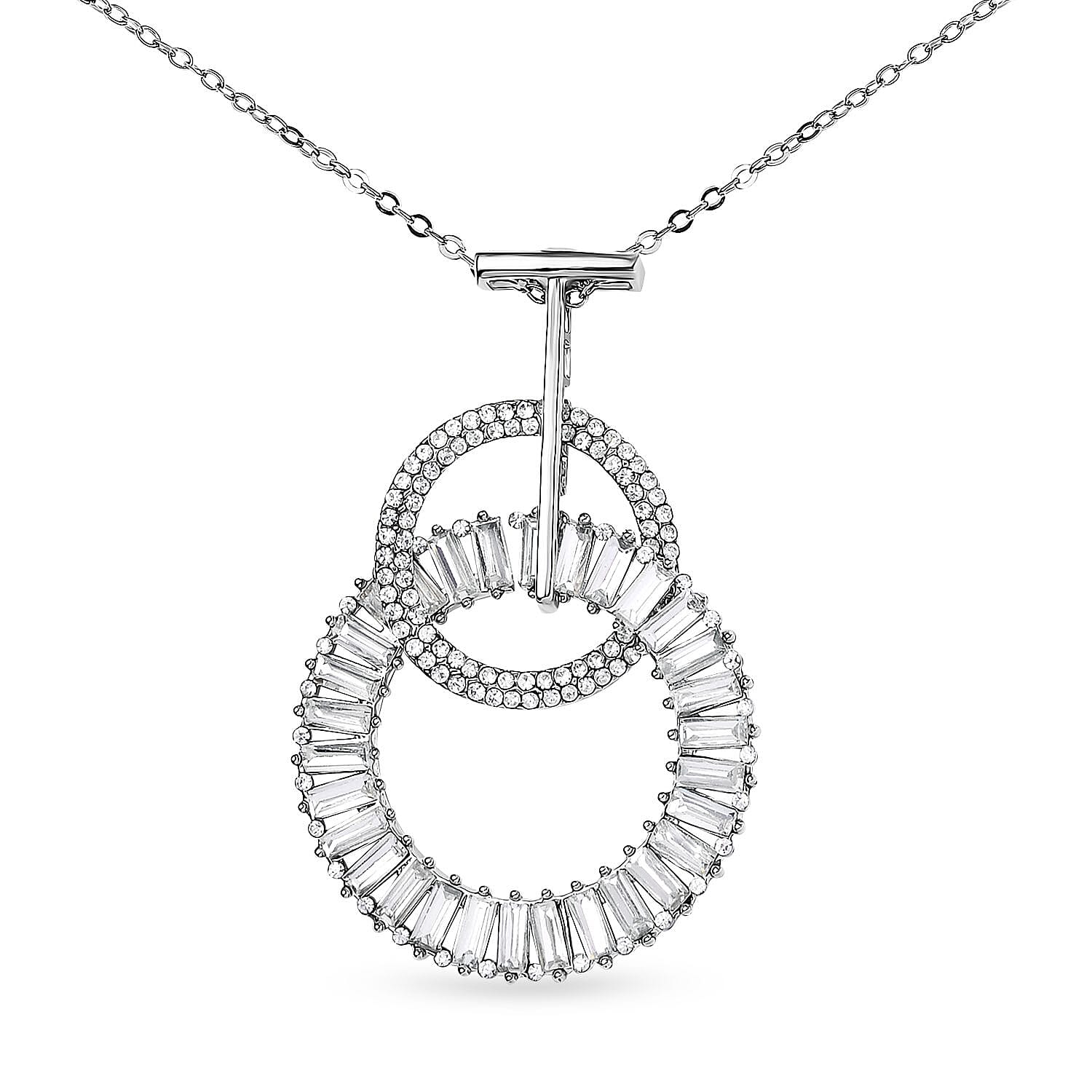 Austrian Crystal and White Glass 2 Open Circle Pendant with Necklace in Silvertone 28-30 Inches