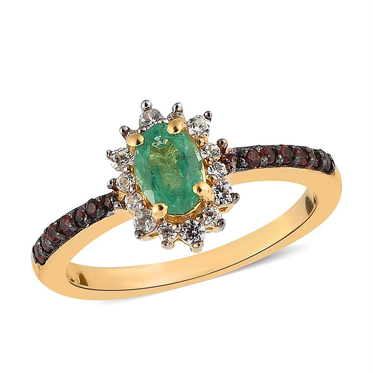 AAA Kagem Zambian Emerald, Brown and White Zircon Sunburst Ring in Vermeil Yellow Gold Over Sterling Silver 0.75 ctw