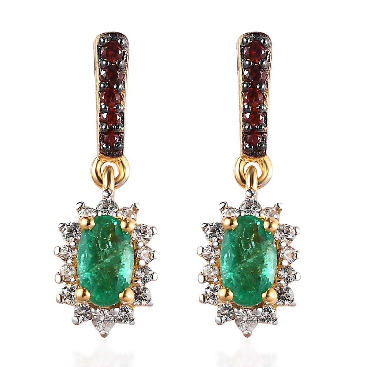 AAA Kagem Zambian Emerald, Brown and White Zircon Halo Earrings in Vermeil Yellow Gold Over Sterling Silver 0.75 ctw
